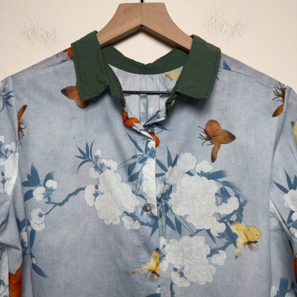 Women Cotton Top Large Blue Floral Butterfly Novelty Peter Pan Collar Preppy - Picture 2 of 6